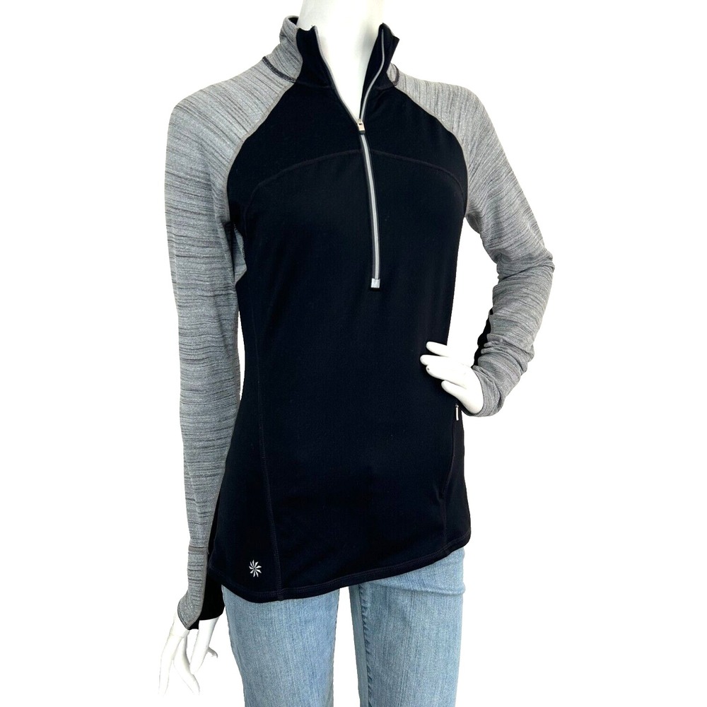 Athleta Running Wild Half Zip Pullover Small Black Grey Funnel Neck Gorpcore EUC